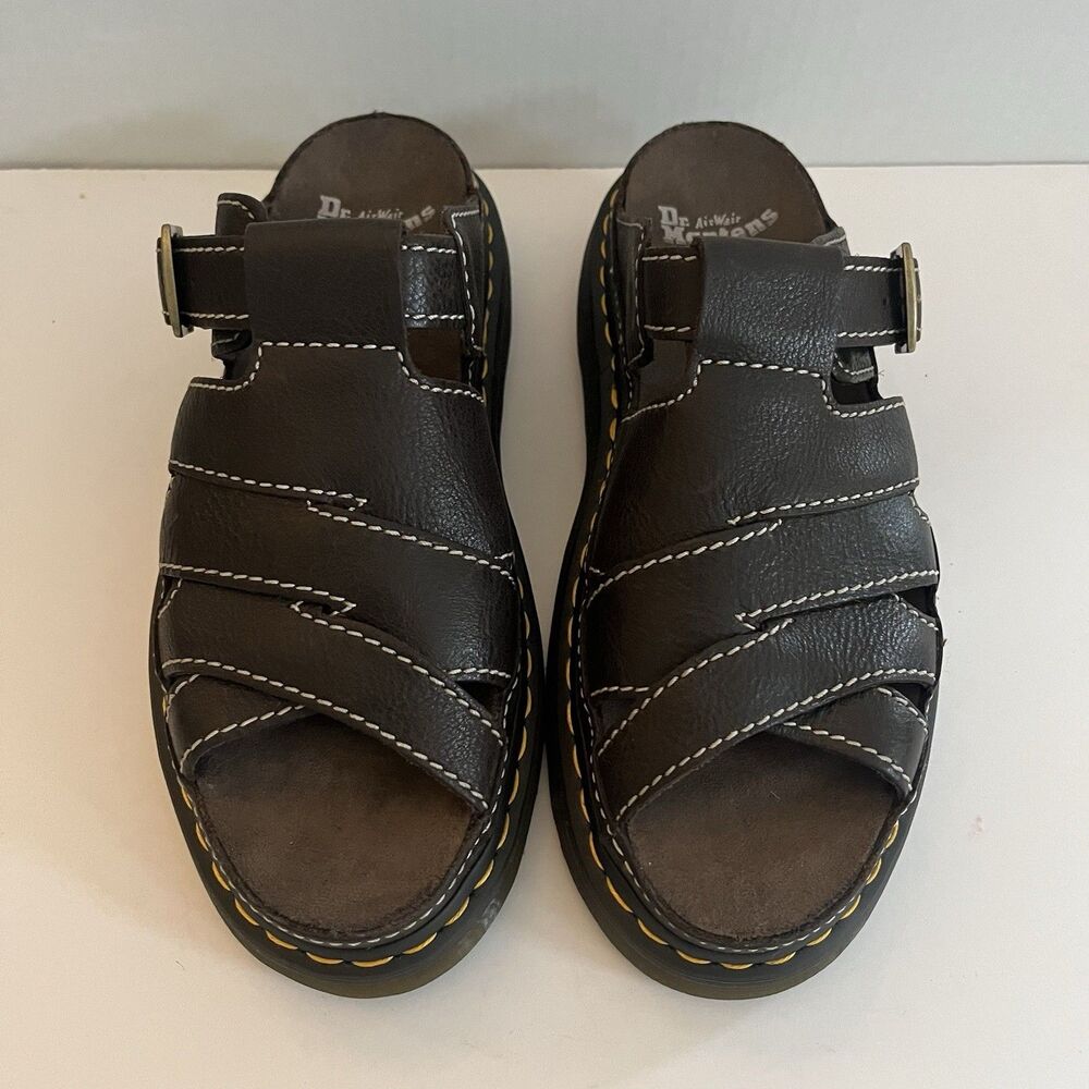 DR. MARTENS MAXXY SLIDES BROWN LEATHER PLATFORM SANDALS MEN US 11/ WOMEN 12